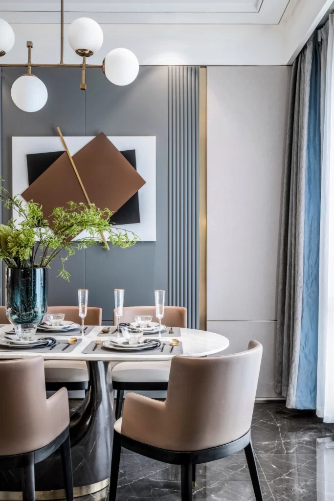 Dining Room Contemporary Neutral Blue Gray Marble