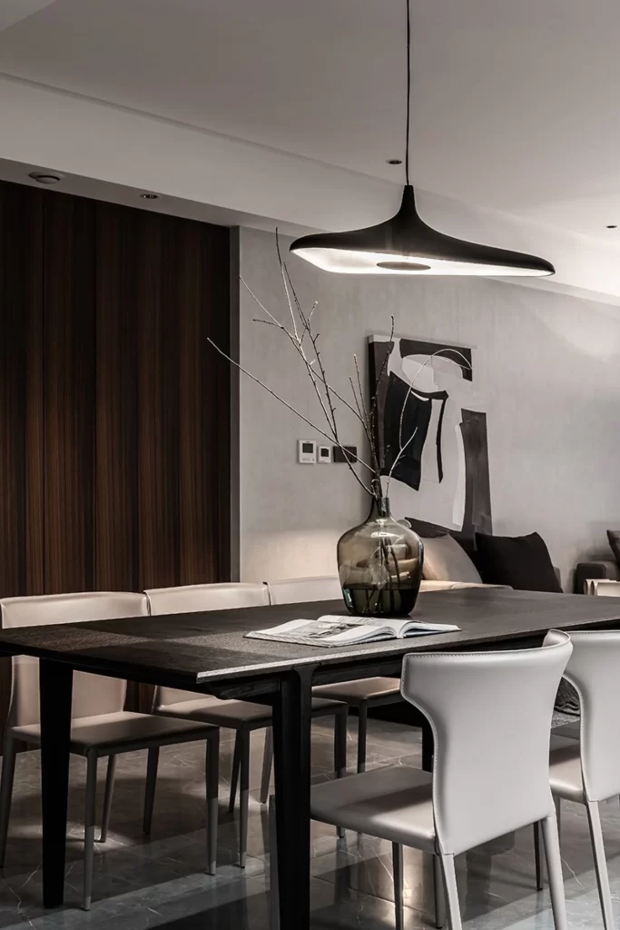 Dining Room Contemporary Neutral Dark Wood Black White