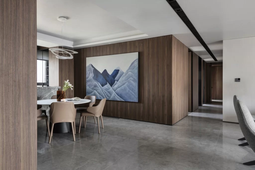 Dining Room Contemporary Neutral Dark Wood Blue Accents