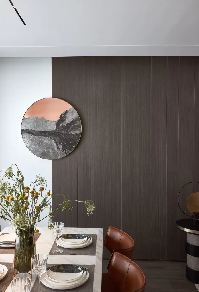 Dining Room Contemporary Neutral Dark Wood Brown Leather