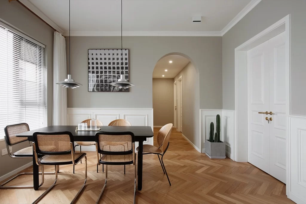 Dining Room Contemporary Neutral Grey White Wood