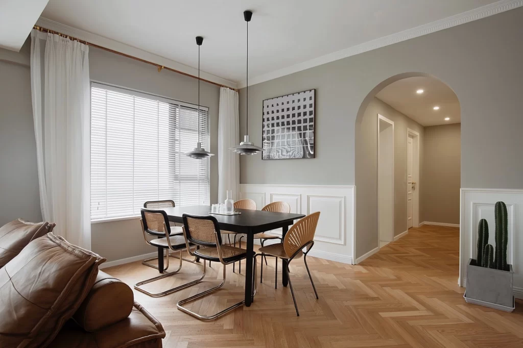 Dining Room Contemporary Neutral Light Grey White Wood