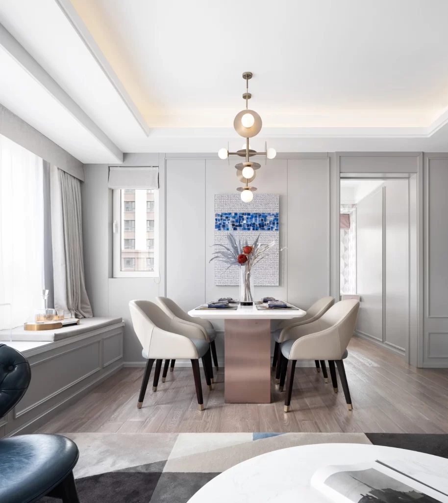 Dining Room Contemporary Neutral Light Wood Blue Accents