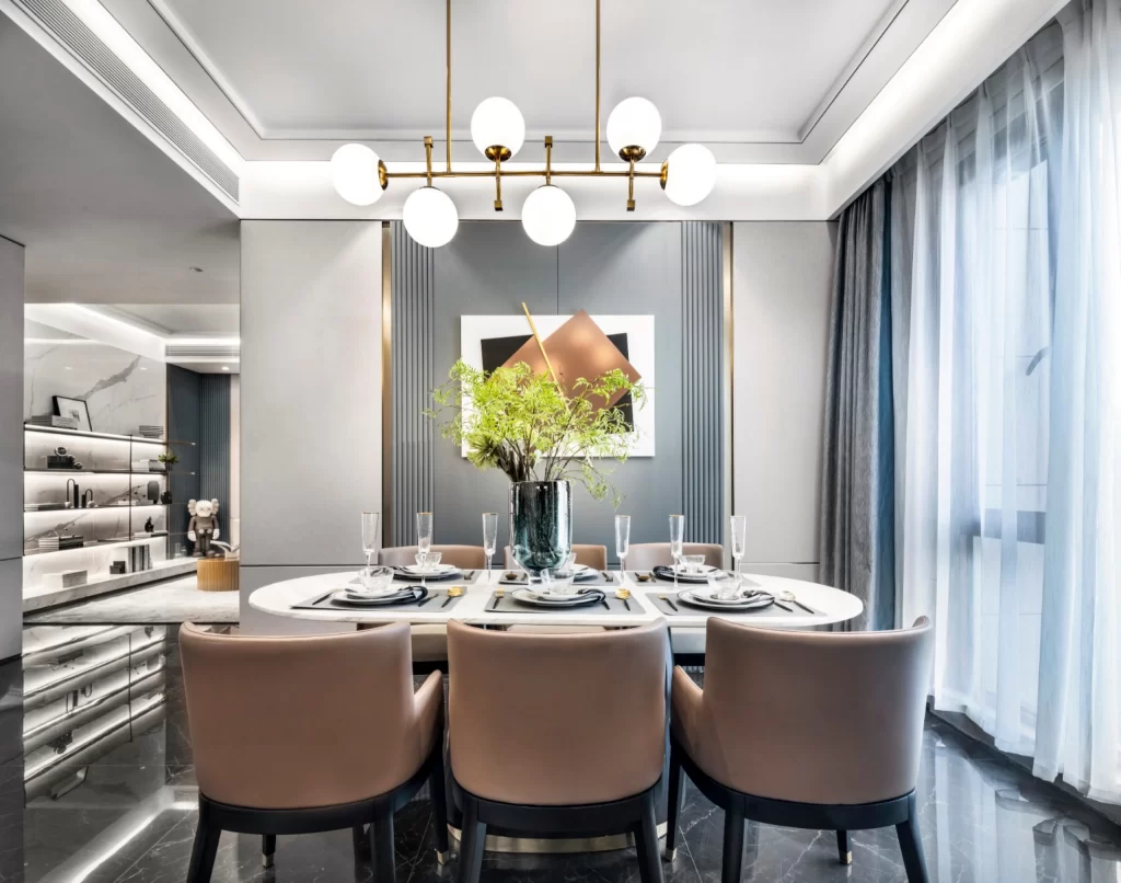 Dining Room Contemporary Neutral White Gray Gold Accents