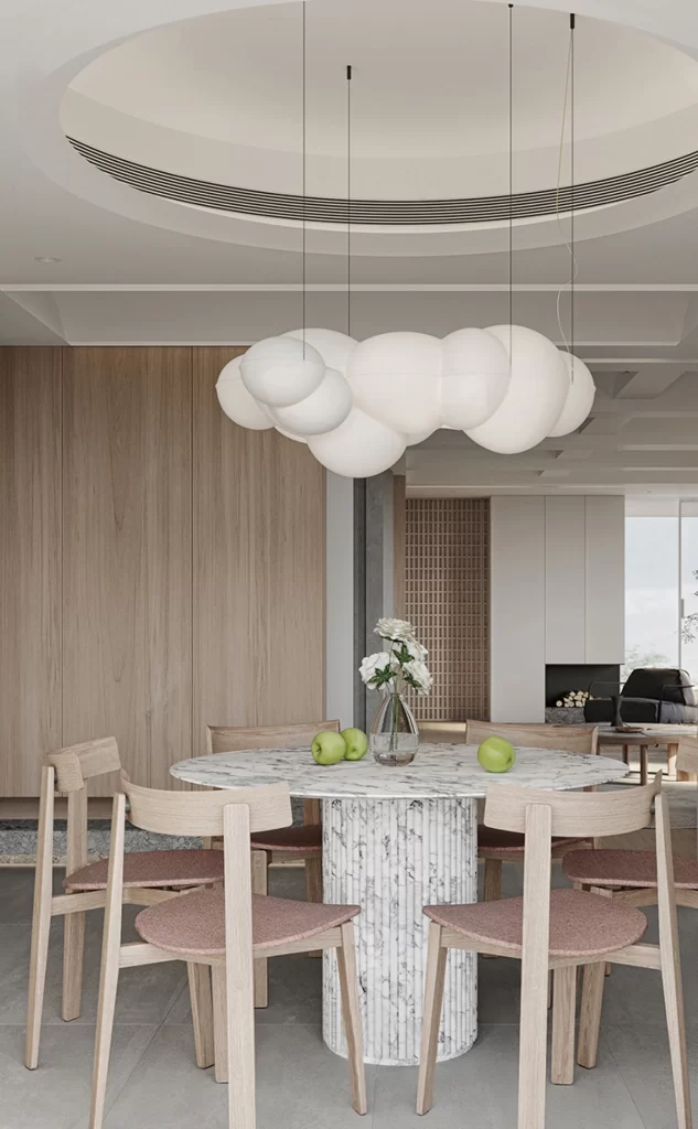 Dining Room Contemporary Neutral White Wood Marble