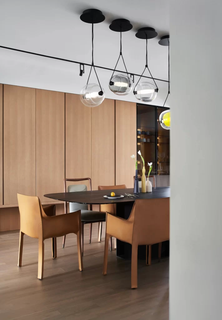 Dining Room Contemporary Neutral Wood Black Glass