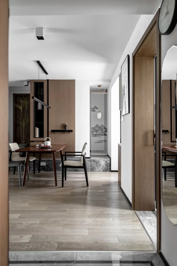 Dining Room Contemporary Neutral Wood Tiled Floor Minimalist