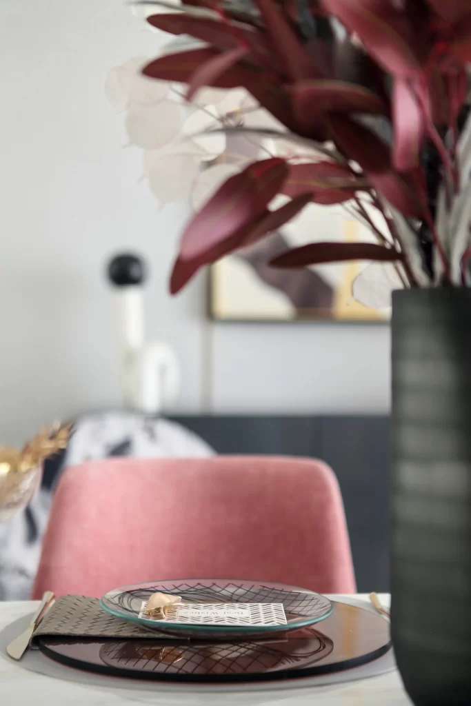 Dining Room Contemporary Pink Black White Gold Accents