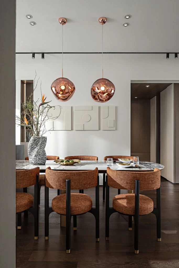 Dining Room Contemporary Warm Tones Copper Accents Artistic Decor