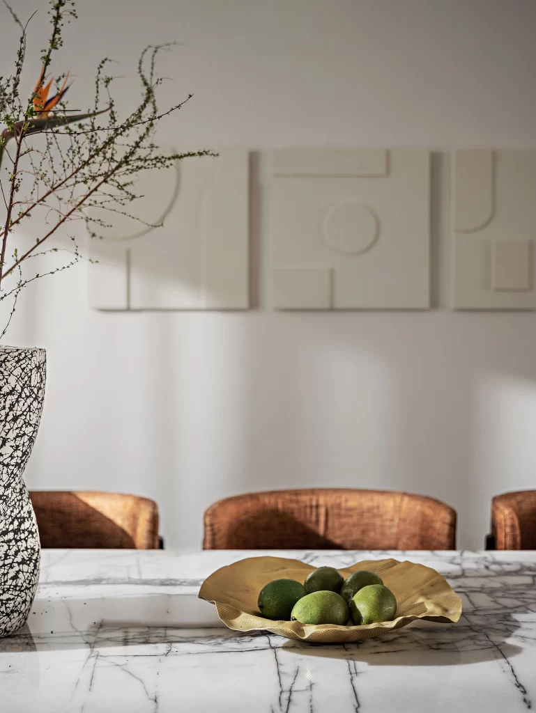 Dining Room Contemporary White Marble Neutral Brown Accents