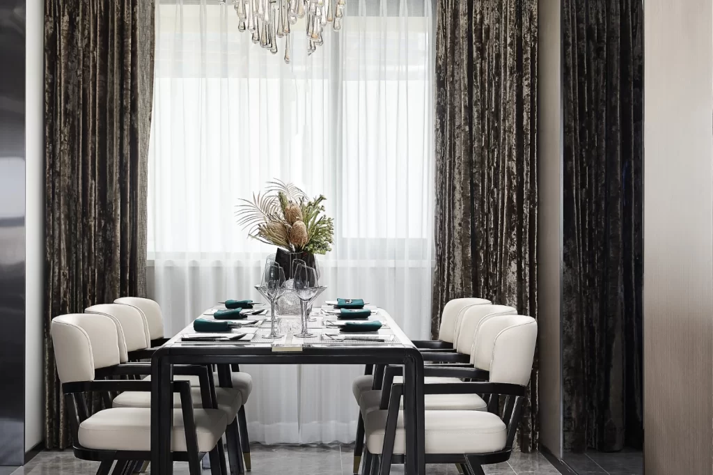 Dining Room Elegant Dark Curtains White Chairs Black Table Green Accents