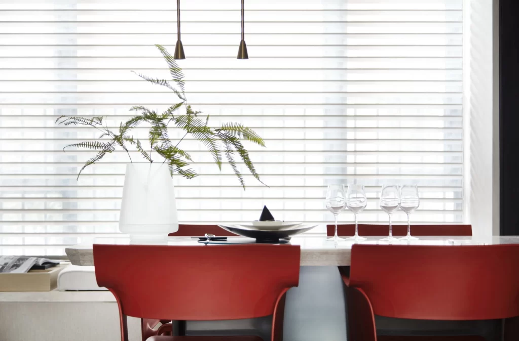 Dining Room Modern Minimalist White Red Glassware Greenery