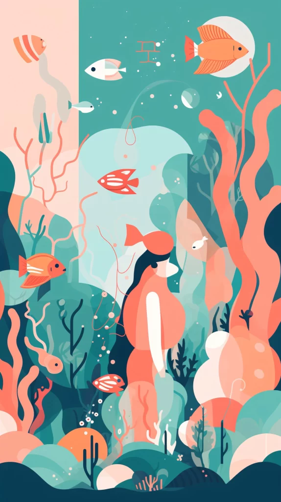 Diver Coral Reef Fish Underwater Pastel Flat Illustration