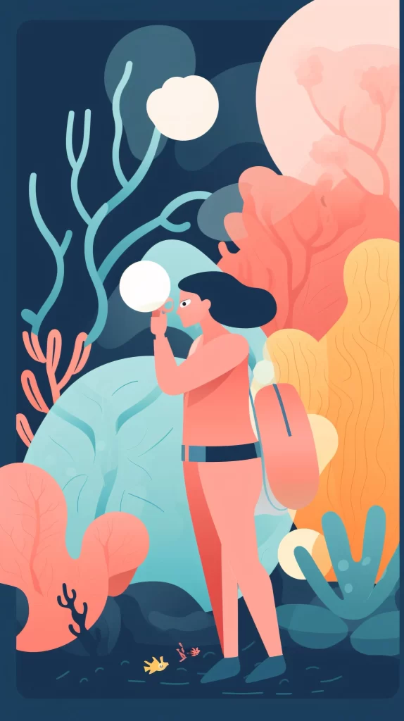 Diver Coral Reef Pink Blue Illustration Modern