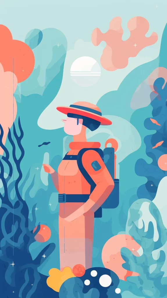 Diver Orange Blue Scuba Gear Flat Illustration Modern