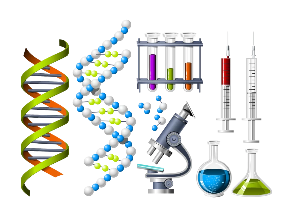 DNA Helix Microscope Test Tubes Syringes Beakers