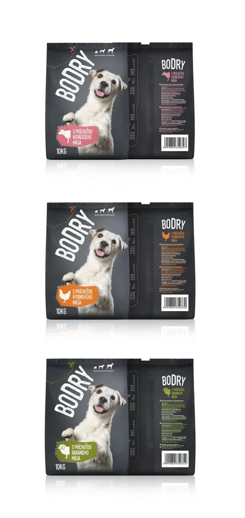 Dog food BODRY Pork Chicken Lamb Black White Pink Orange Green