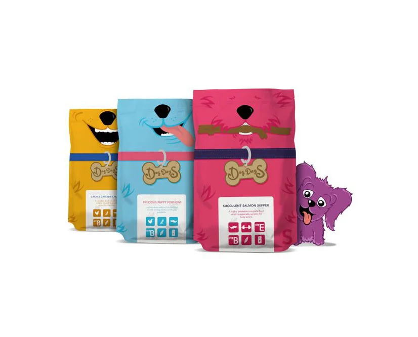 Dog Food Dog Days Salmon Blue Pink Yellow Illustration