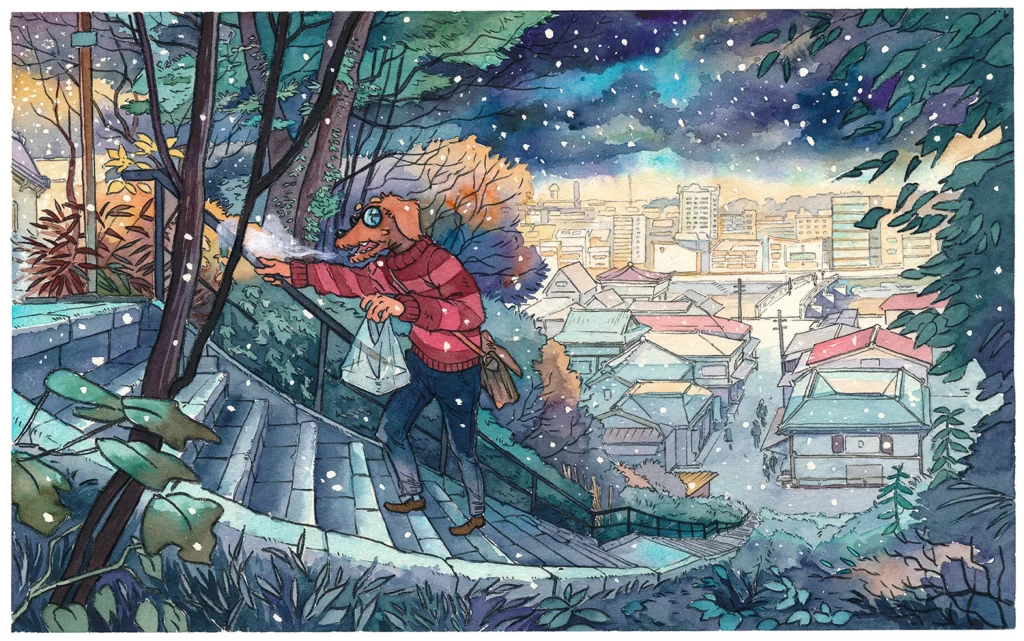 Dog Winter Cityscape Stairs Snow Mateusz Urbanowicz