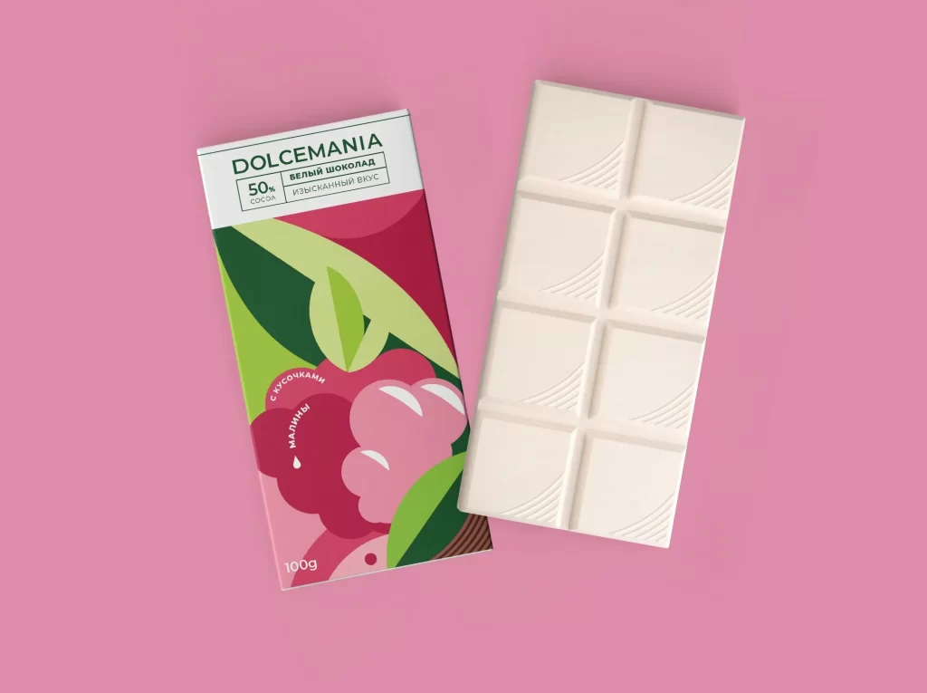 Dolcemania Chocolate Raspberry 50% Cocoa White Pink Green