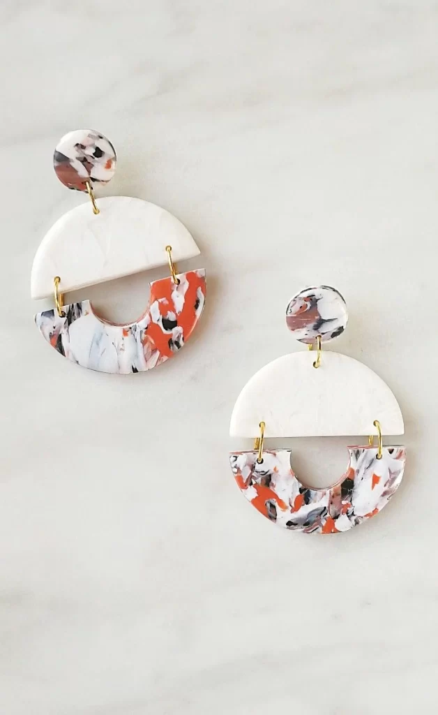 Earrings Modern Marble White Orange Abstract Design