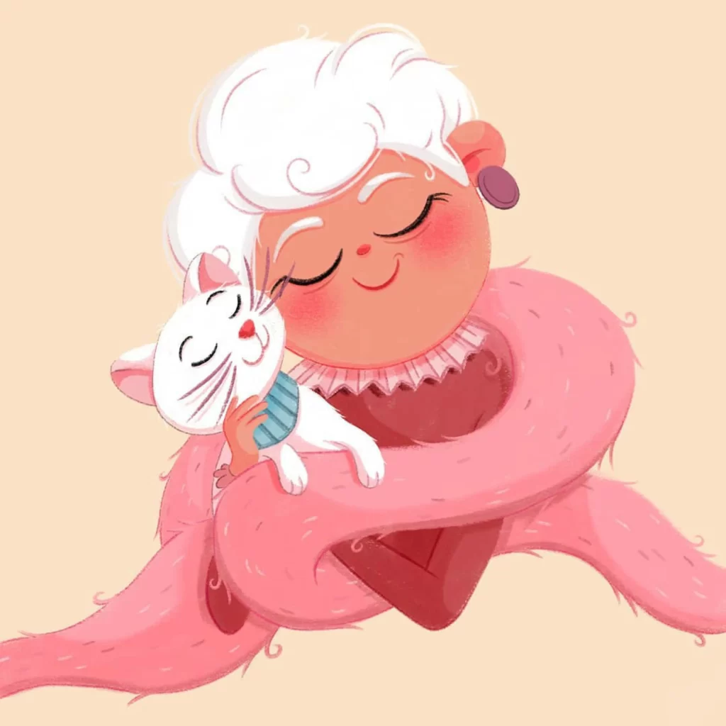 Elderly Lady Cat Hug Scarf Eleonore Pelluau