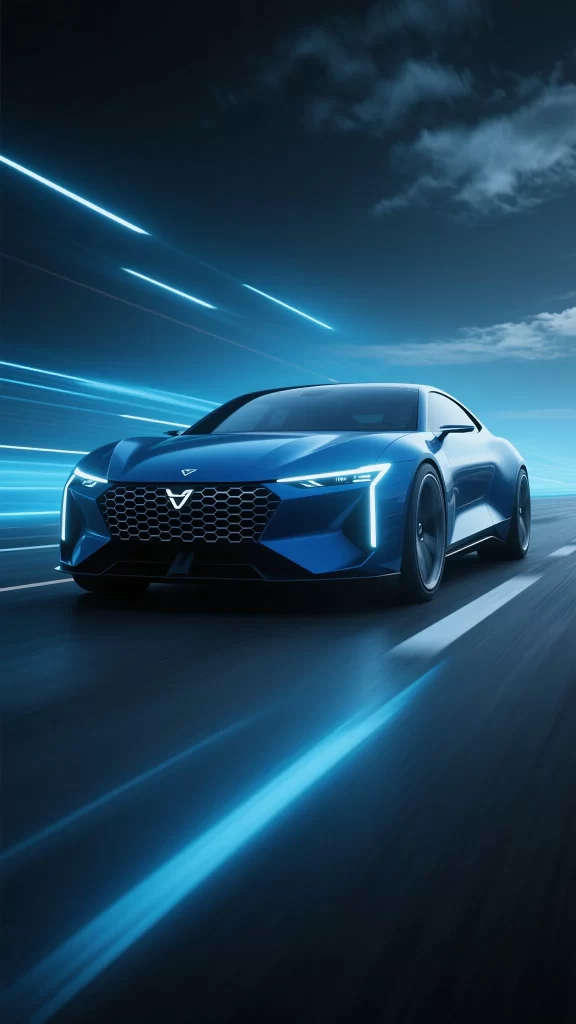 Electric Car Blue Futuristic Design Sleek Lights