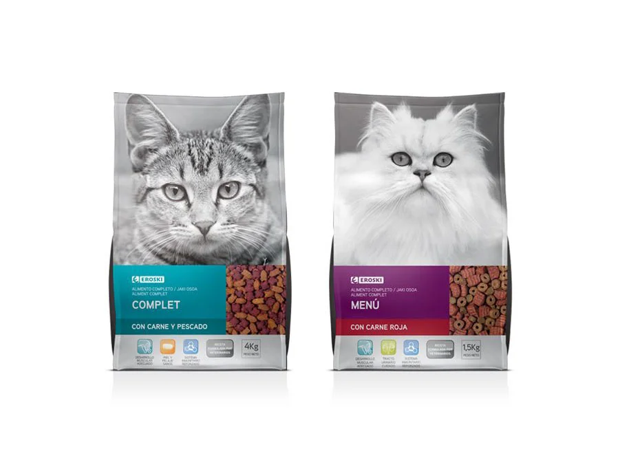 Eroski Cat Food Fish Red Meat Purple Bag Illustration