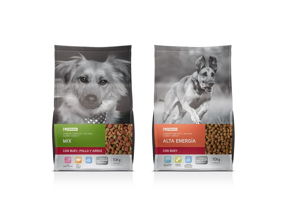 Eroski Dog Food Beef Chicken Rice Green Red Bag Dog Illustration