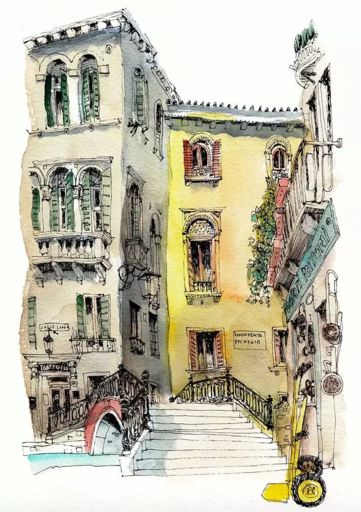 European Architecture Watercolor Staircase Balcony