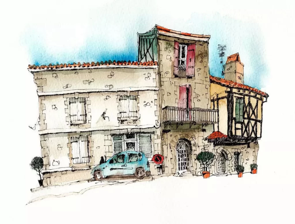 European Architecture Watercolor Village Building Car