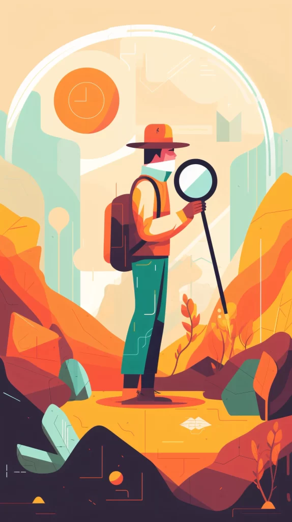 Explorer Orange Green Backpack Magnifying Glass Flat Illustration