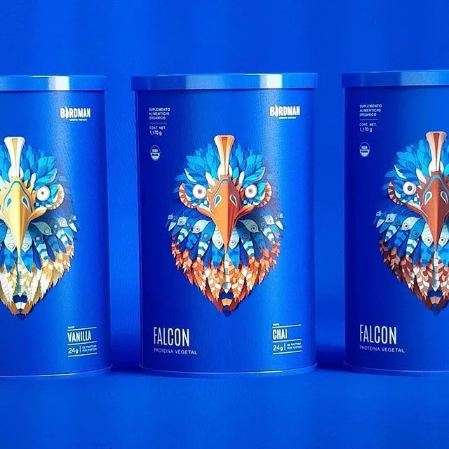 Falcon Protein Supplement Blue Packaging Artistic Design