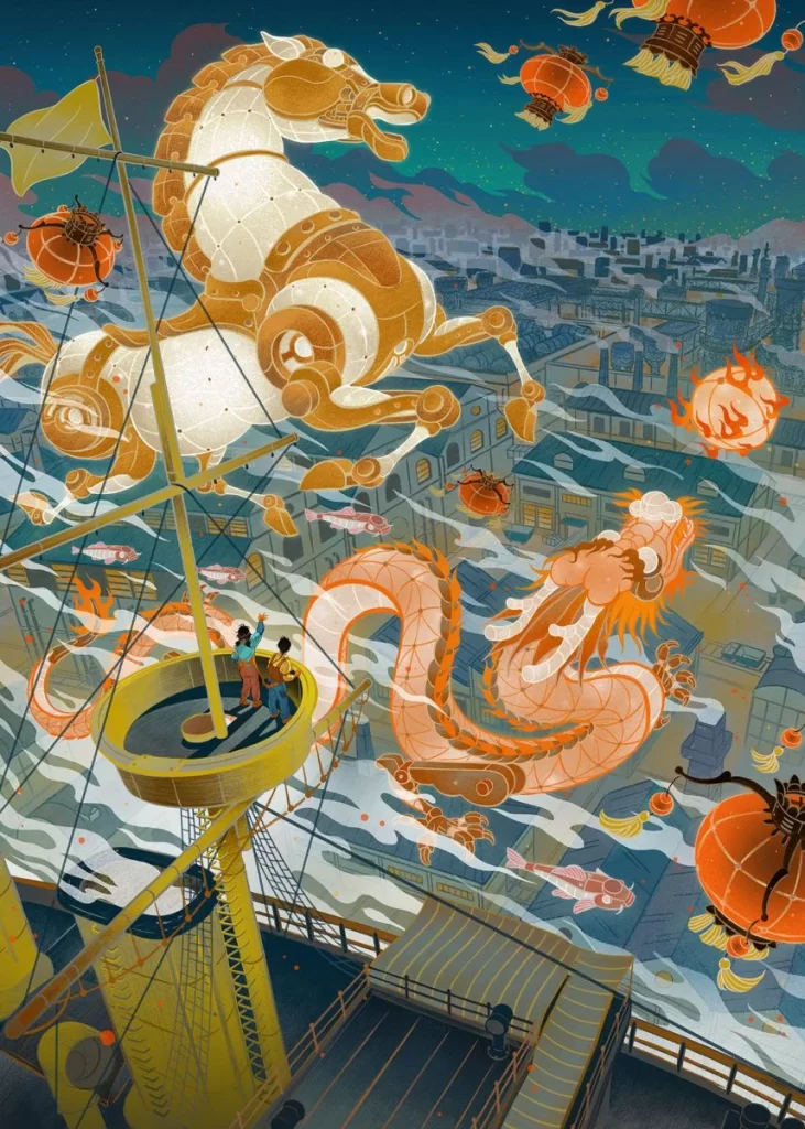 Fantasy Illustration Dragon Horse Lanterns Cityscape