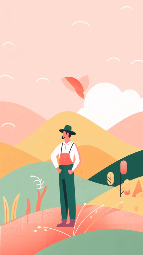 Farmer Green Red Pastel Landscape Vector