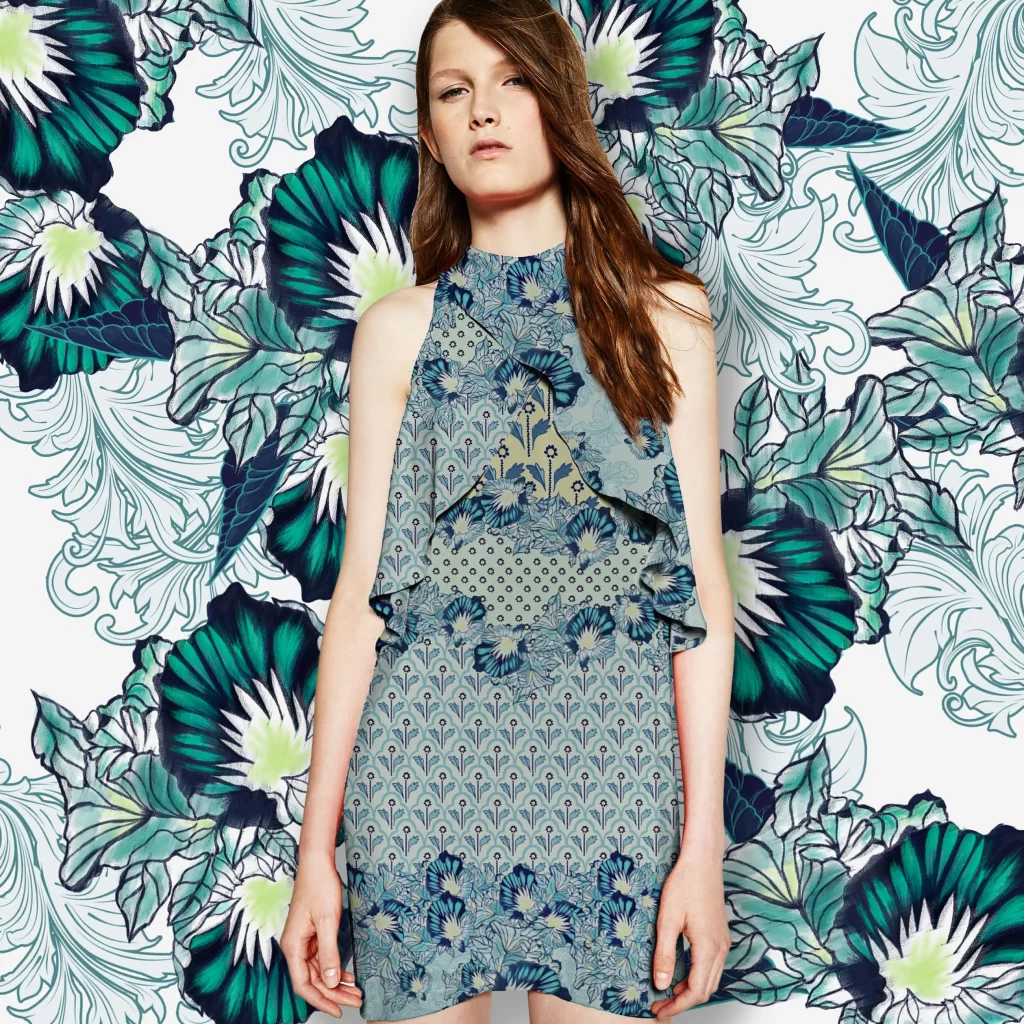 Fashion Dress Floral Pattern Blue Green