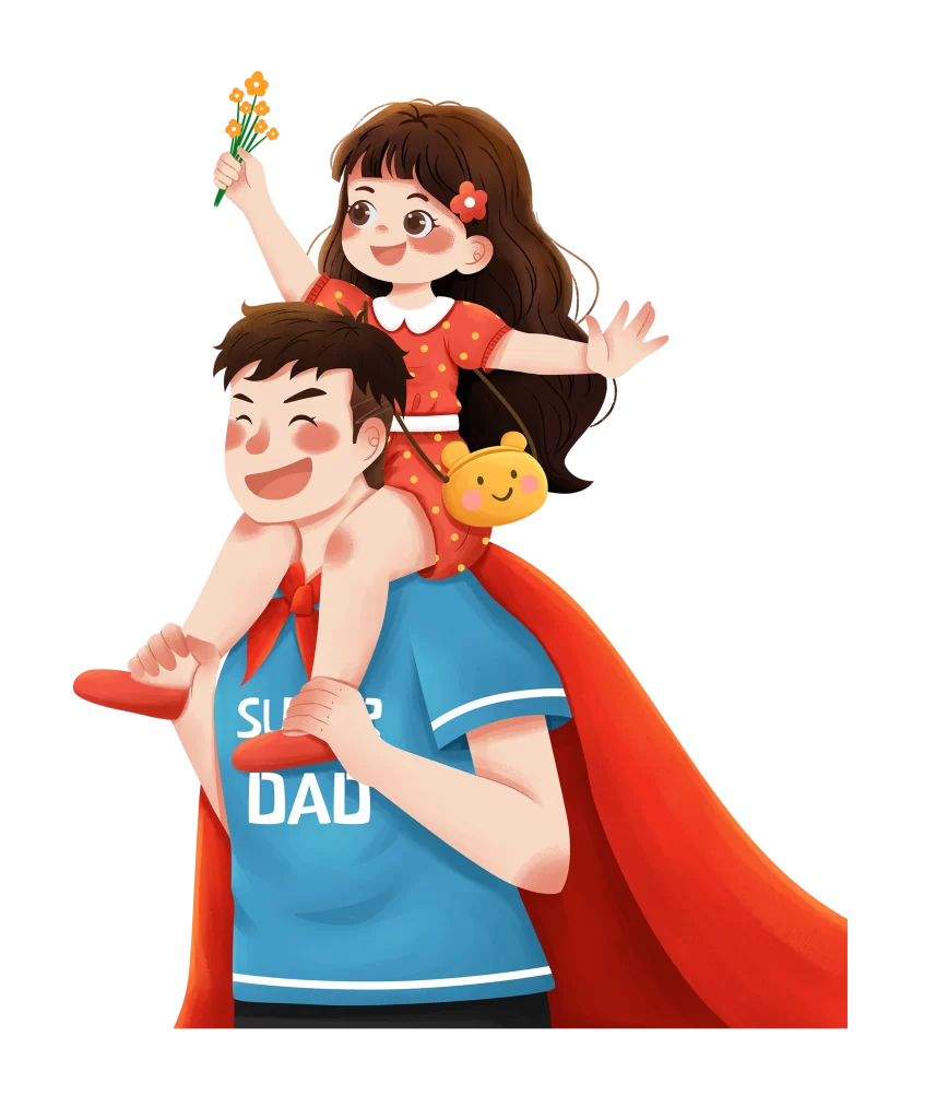 Father Daughter Joyful Red Cape Blue Shirt Flower