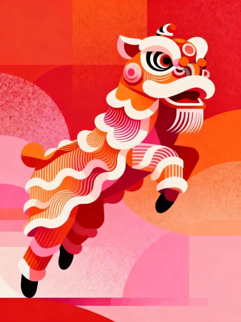 Fiery Orange Lion Dance with Crimson and White Patterns