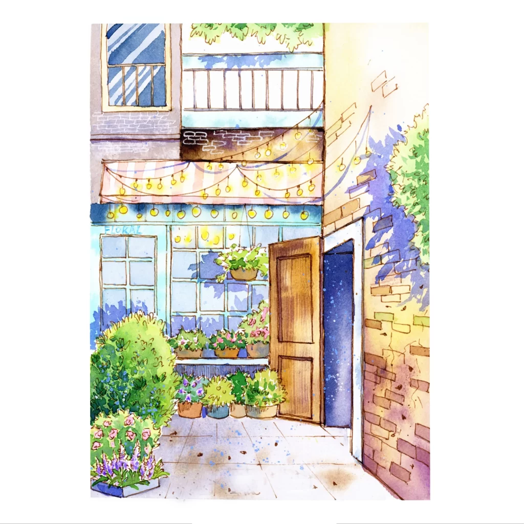 Flower Shop Urban Garden String Lights Brick Building Greenery Mateusz Urbanowicz