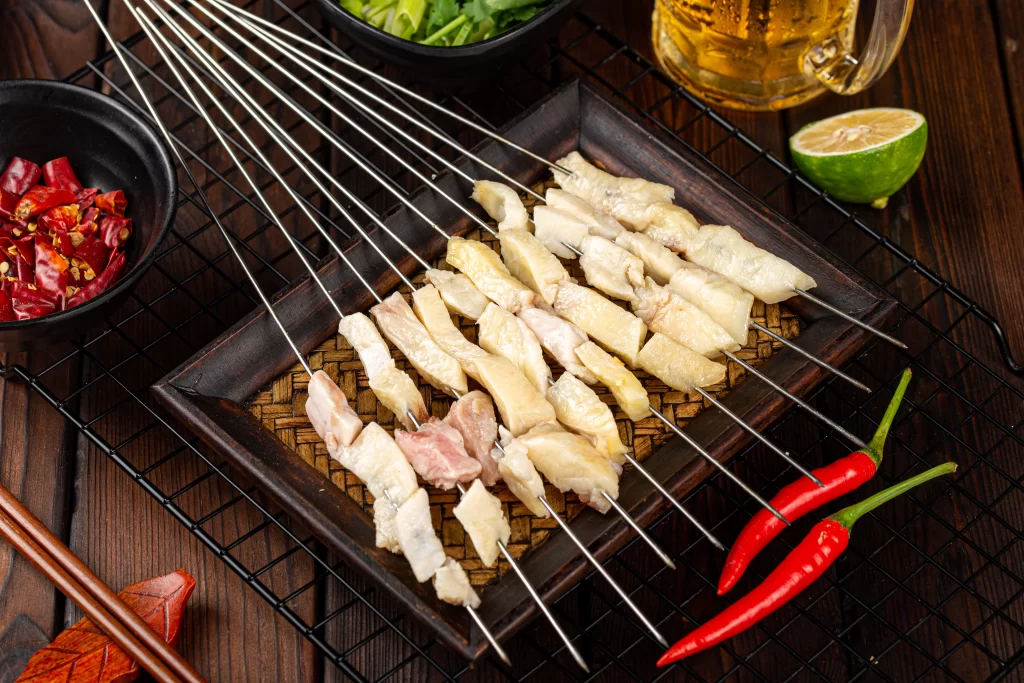Fresh Chicken Skewers Grilled Golden Brown Plated