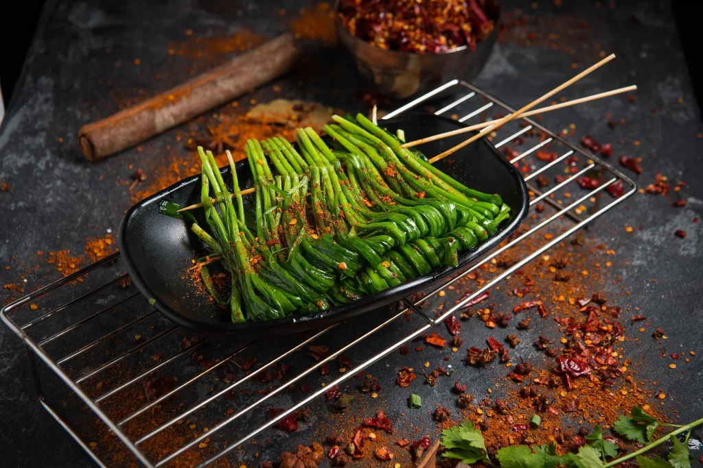 Fresh Green Asparagus Skewers Spicy Seasoning Black Plate