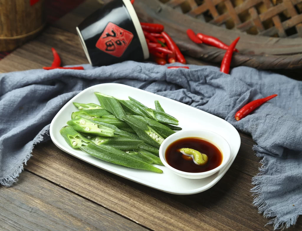 Fresh Okra Slices Grilled Vegetables Soy Sauce Dip