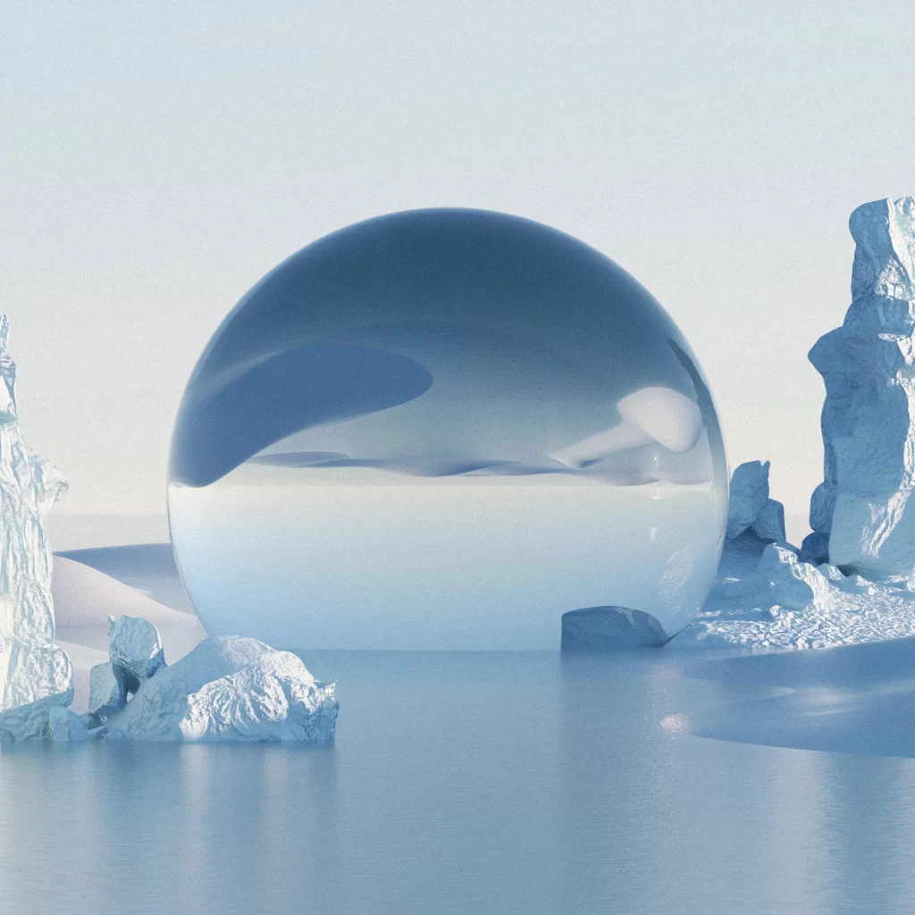 Frozen Landscape Glass Sphere Reflection Icebergs Calm Water