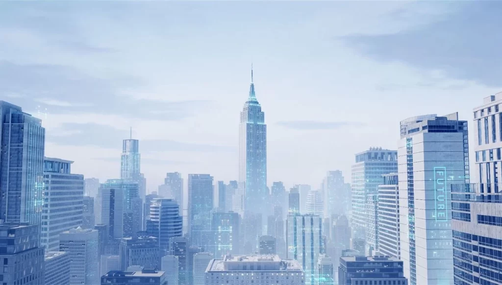 Futuristic Cityscape Blue Skyscrapers Digital Artwork