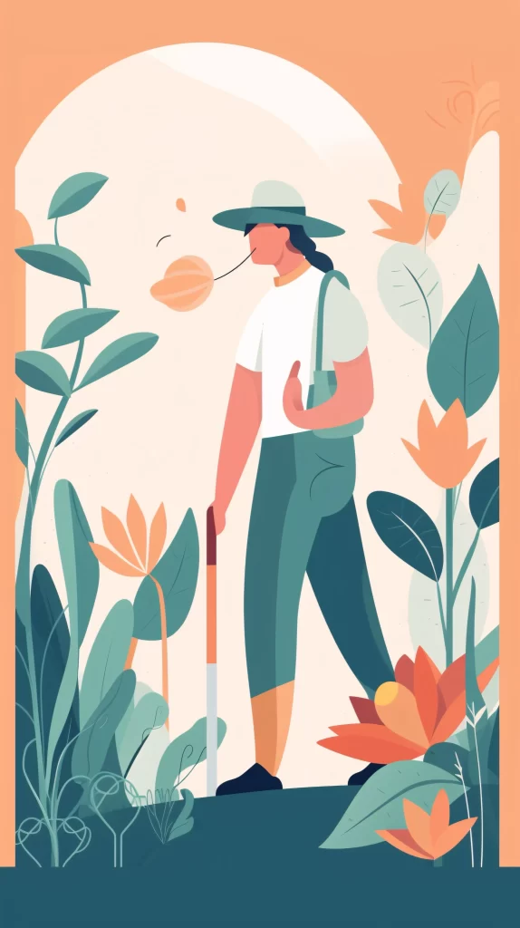 Gardener Green Hat Walking Stick Nature Flat Illustration