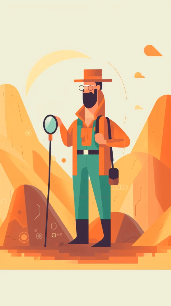 Geologist Orange Green Boots Magnifying Glass Flat Illustration