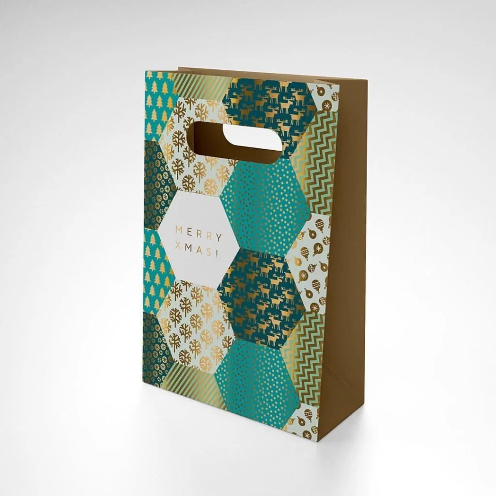 Gift Bag Christmas Pattern Teal Gold Elegant Design