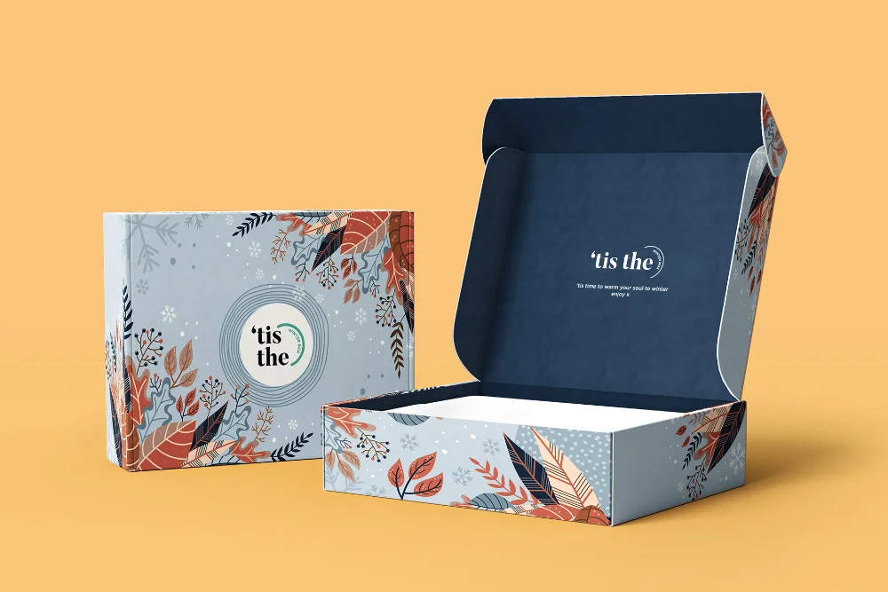 Gift Box Winter Floral Blue Red White Festive Design
