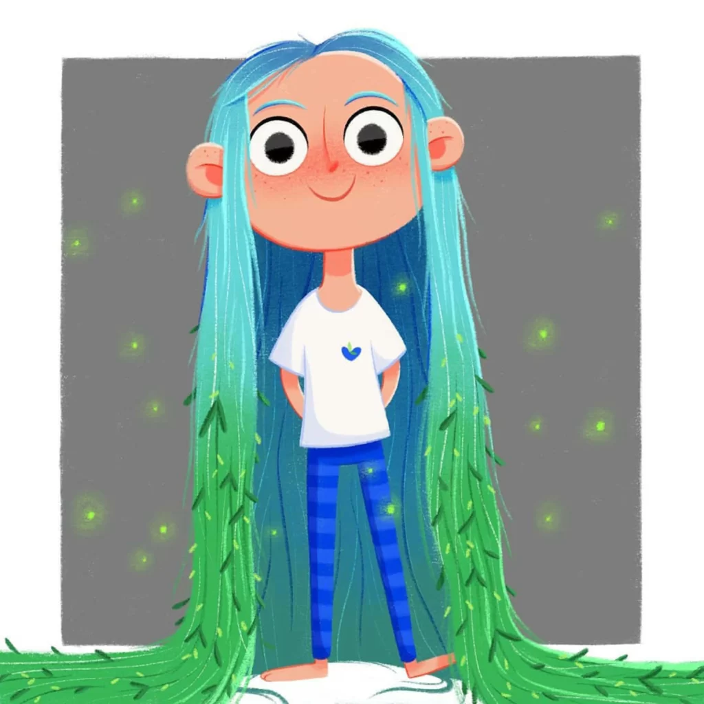 Girl Blue Hair Green Leaves Eleonore Pelluau