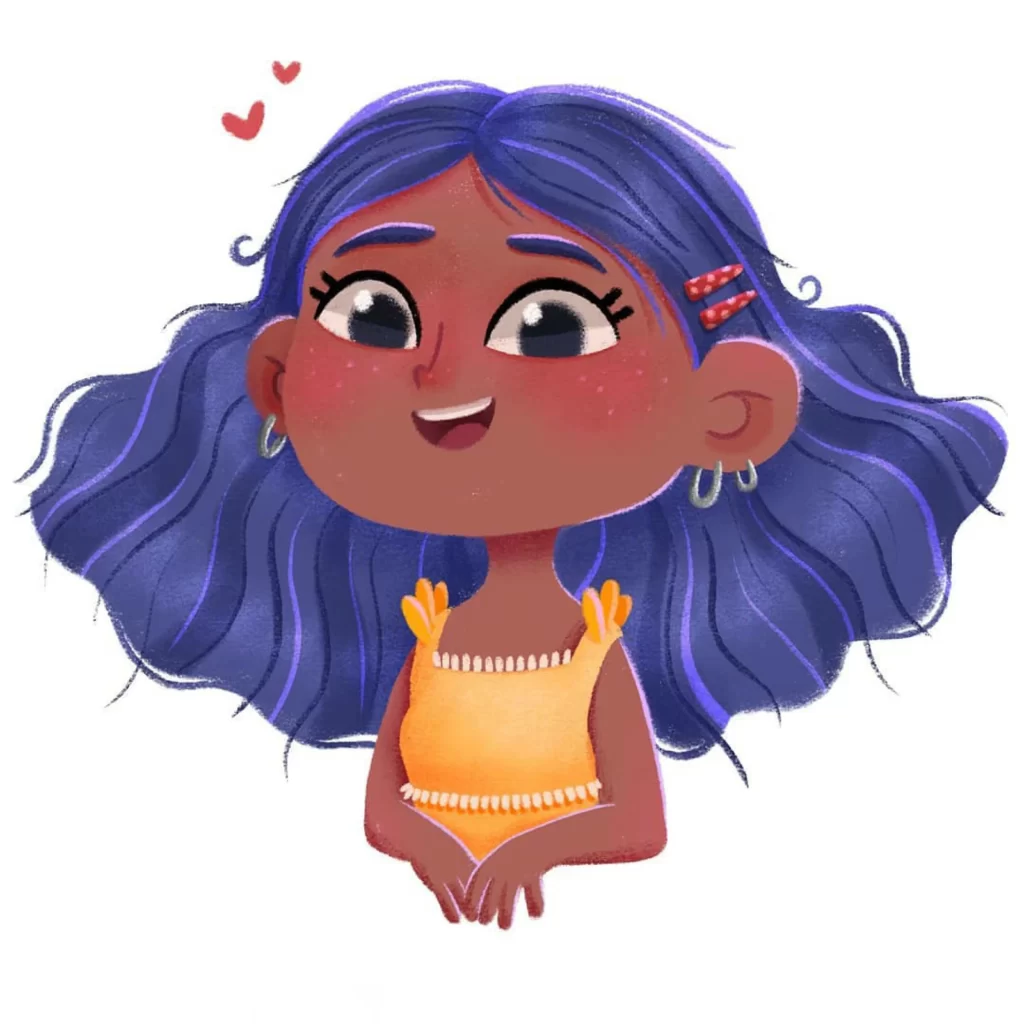 Girl Blue Hair Yellow Dress Smiling Earrings Eleonore Pelluau